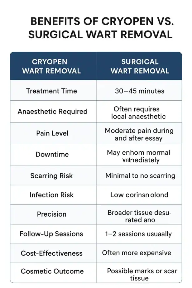 Table showing the benefits of cryopen to remove warts West Yorkshire compared to surgical treatment